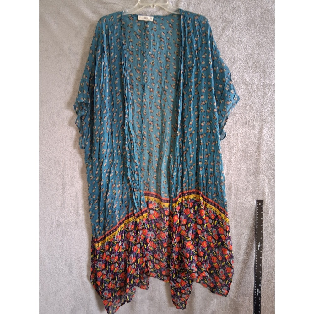 Natural Life Kimono Wrap Womens One Size Blue Floral Boho Festival Gauze Duster
